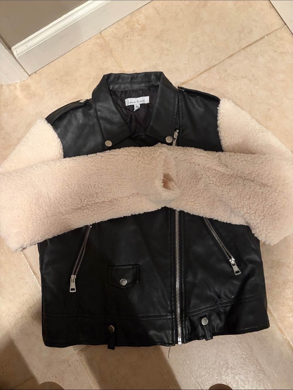 Love Tree Faux Black Leather Moto Jacket with Cream Sherpa Trim